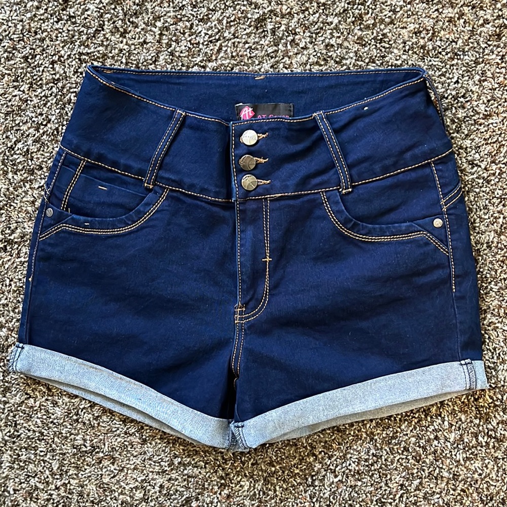 At Seven Blue Denim Jean Shorts, Triple Button/Zipper, Size 13, Mid Rise Cuffed